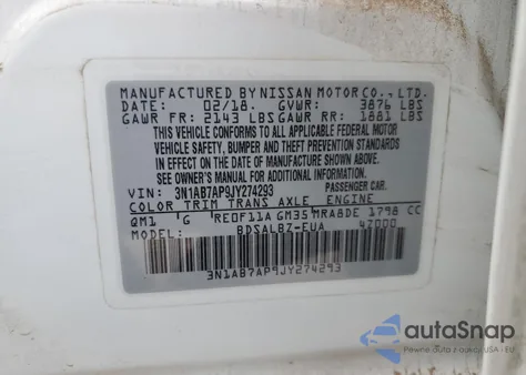 2018 Nissan Sentra S z USA, uszkodzony, nr VIN 3N1AB7AP9JY274293